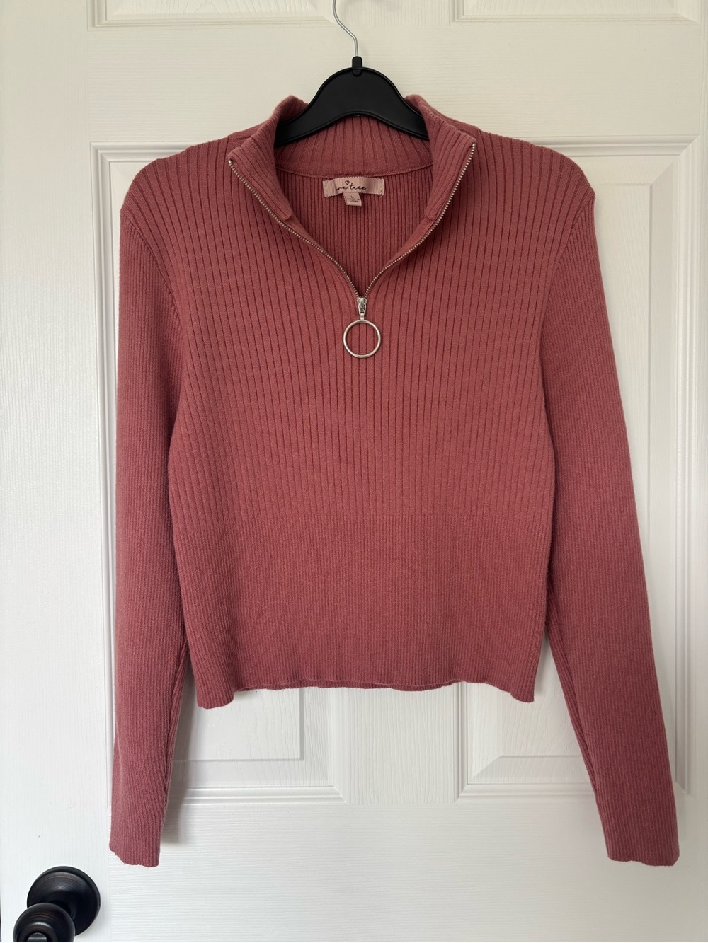 Ribbed Half-Zip Pullover Sweater - Dusty Rose Y2K